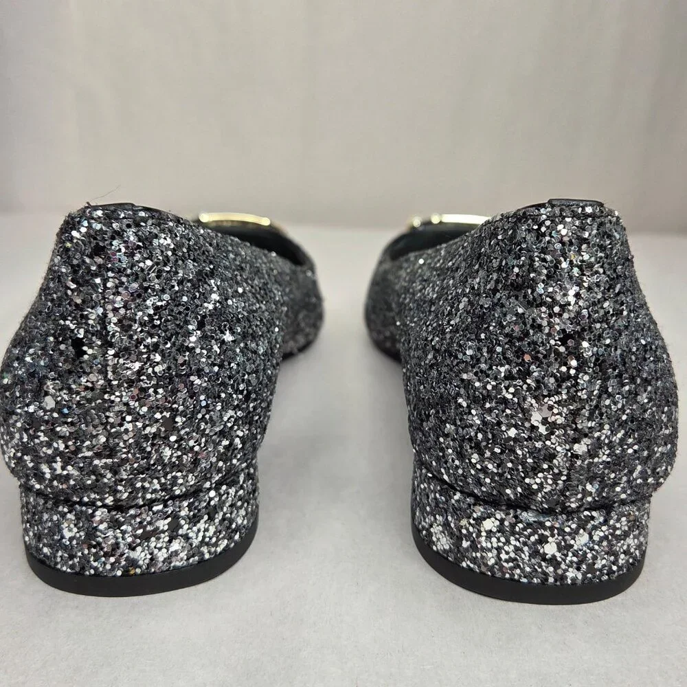 NWT Kate Spade Women's Buckle Up Glitter Flats Black Silver